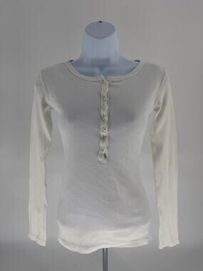 MOST Women’s Small White Ribbed Henley Top 100% Cotton Long Sleeve Stretch